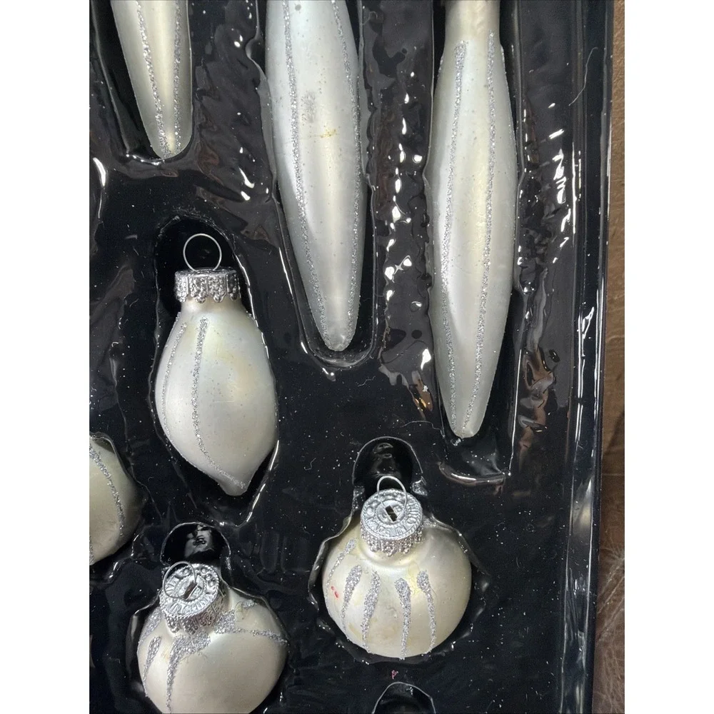 Yule Glass Christmas Ornaments White Silver Glitter In Box Set of 19 Assorted